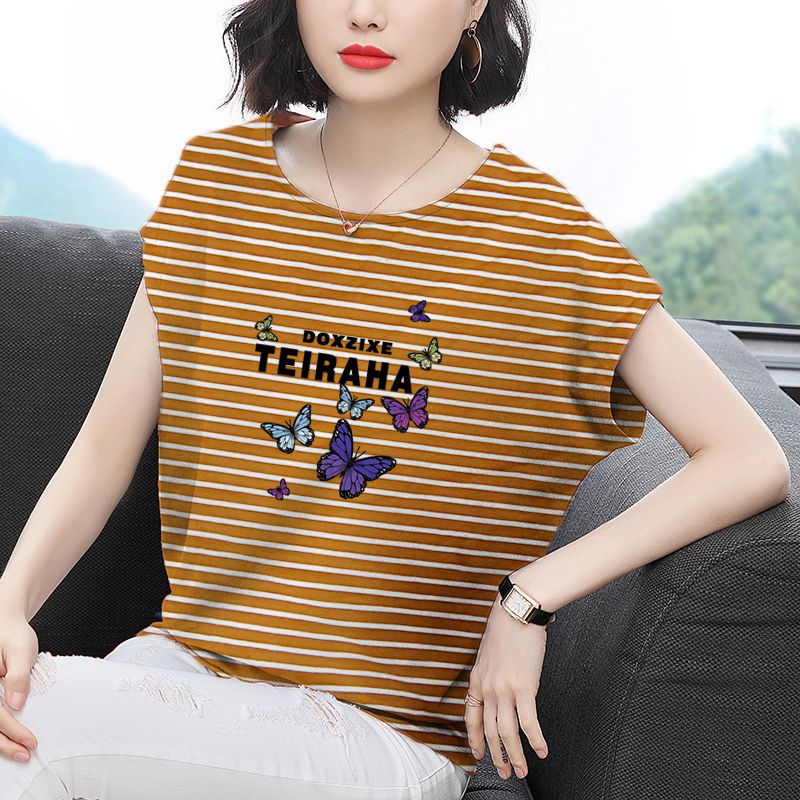 純棉條紋短袖t恤女2023新款夏季洋氣遮肚子上衣寬鬆蝙蝠袖體恤