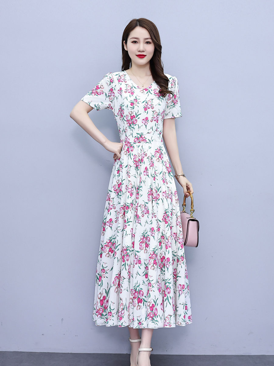 高檔雪紡碎花連衣裙2023新款夏季優雅時尚收腰顯瘦遮肚子過膝長裙