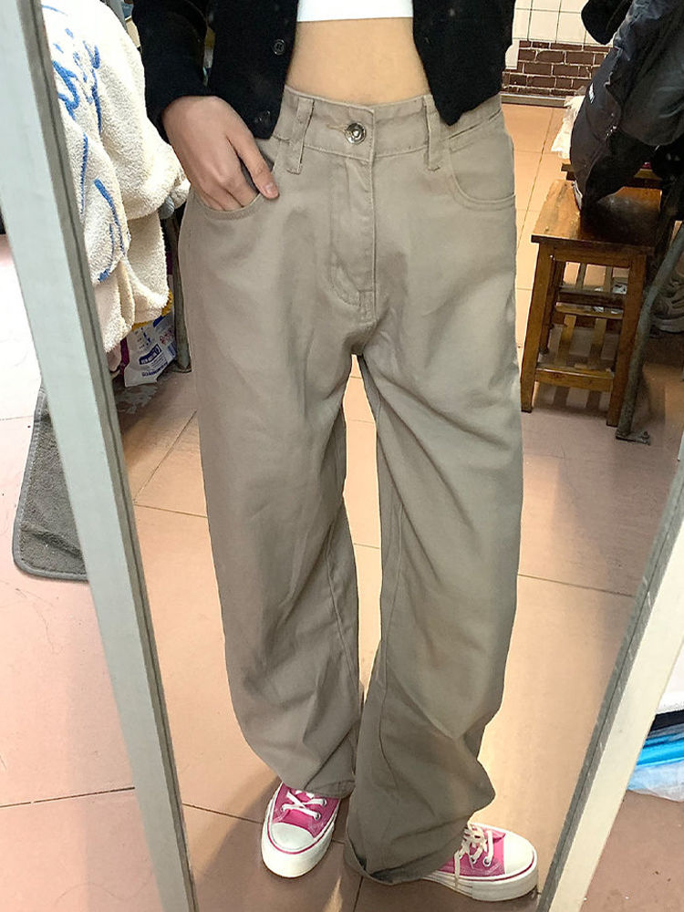 卡其色闊腿牛仔褲女秋季新款美拉德高腰寬鬆顯瘦百搭直筒拖地褲子