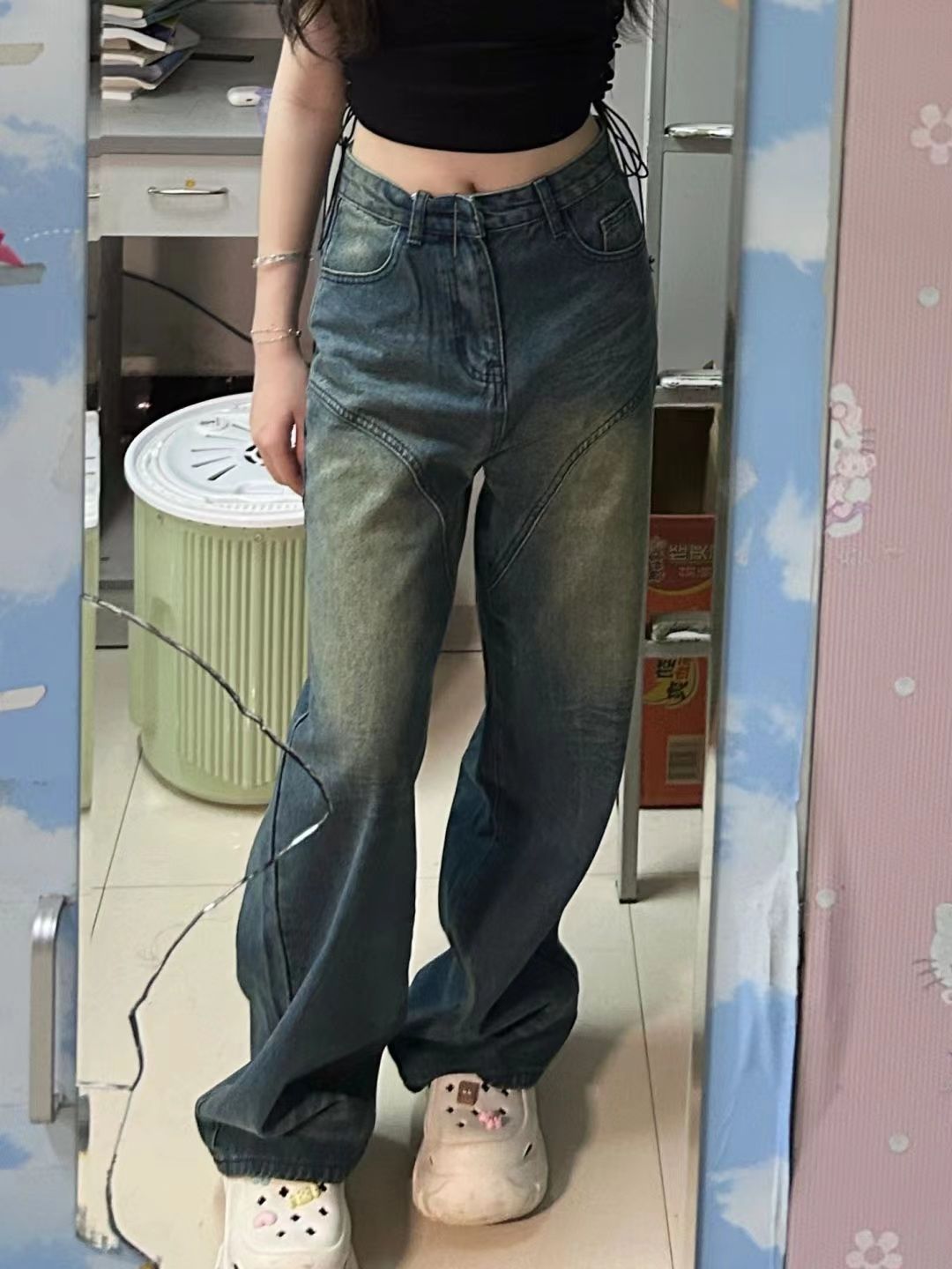 美式復古低腰微喇牛仔褲女設計感小眾寬鬆顯瘦直筒闊腿拖地褲子潮