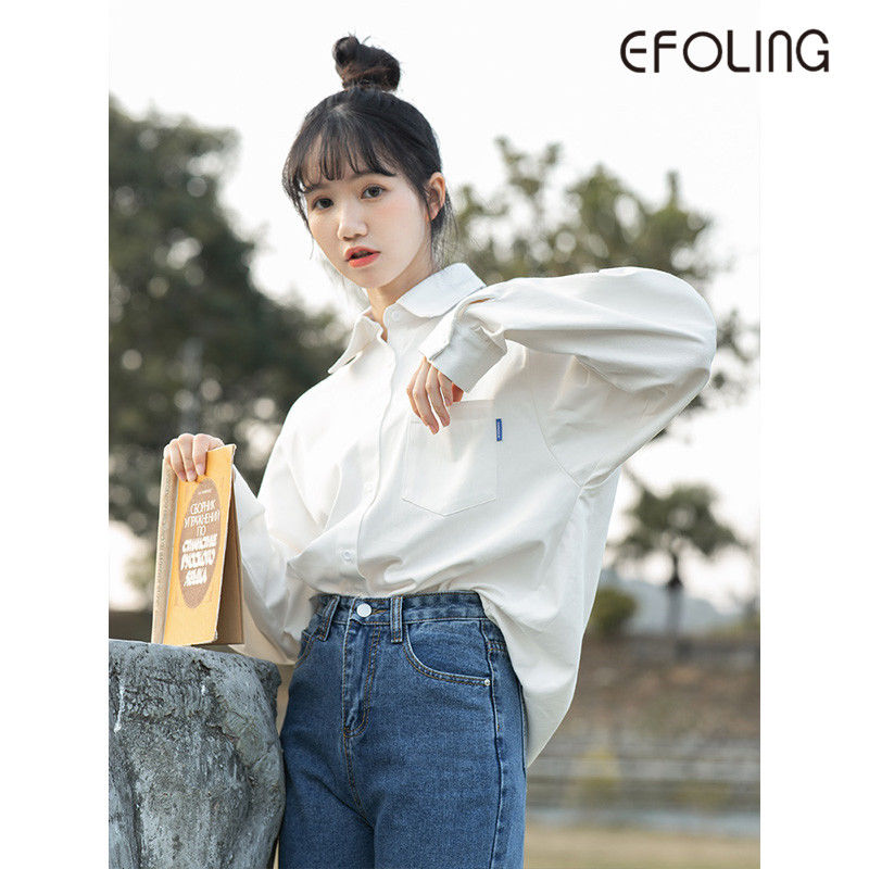 EFOLONG秋季中長款長袖白色襯衫女韓版小眾印花外穿顯瘦百搭襯衣