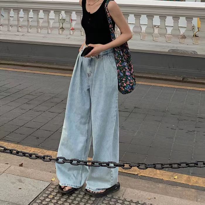森系復古港風休閒闊腿牛仔褲女純欲ins風高街寬鬆直筒垂感辣妹褲