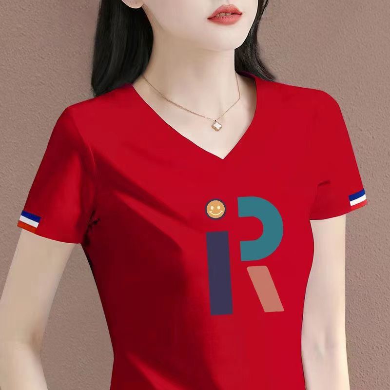 洋氣小衫短袖t恤女夏季2023新款顯瘦百搭撞色時尚媽媽裝v領上衣潮
