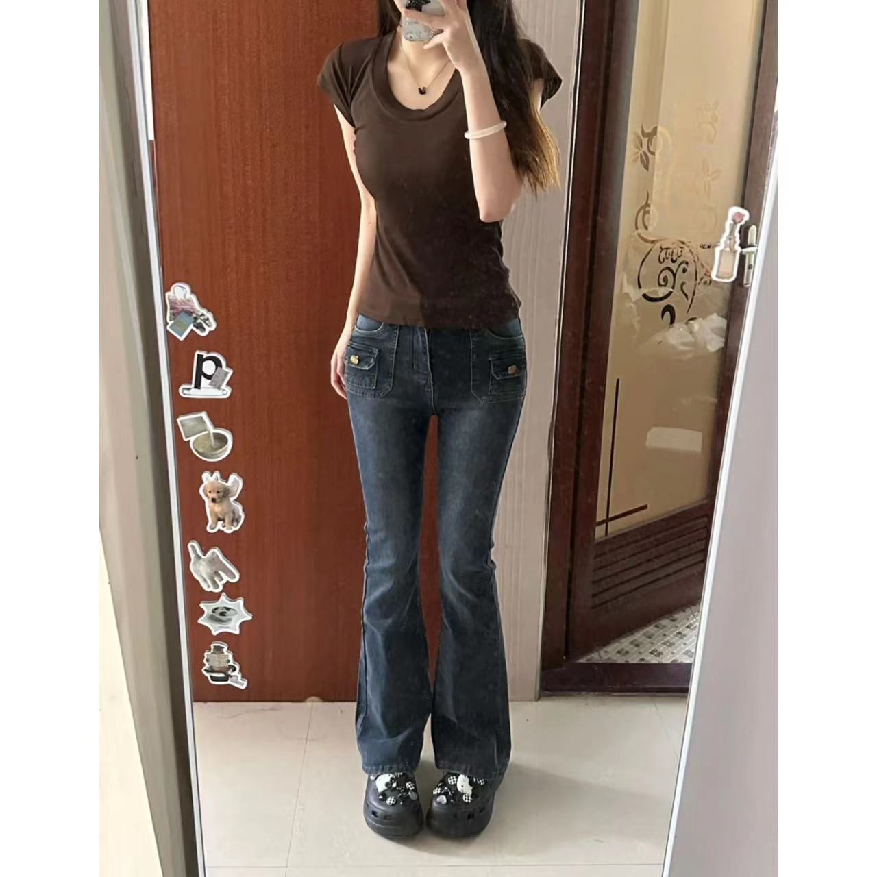 復古藍色微喇叭牛仔褲女美式辣妹高街拖地長褲修身彈力百搭氣質潮