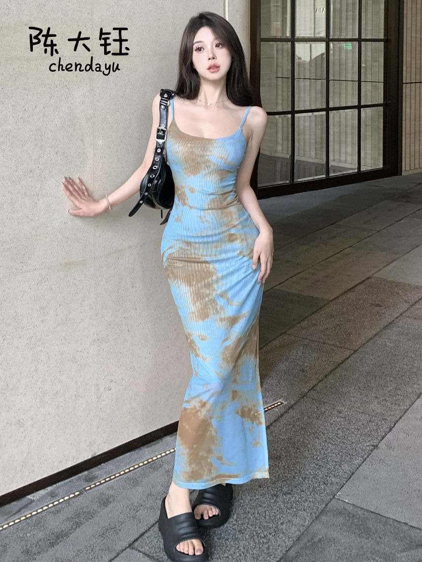 陳大鈺法式扎染甜辣妹吊帶連衣裙女純欲風收腰顯瘦包臀魚尾長裙子