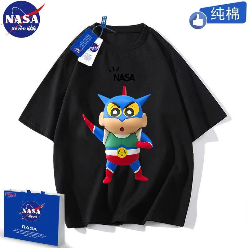 NASA co-branded cartoon 3D Crayon Shin-chan short-sleeved boy's handsome summer cotton T-shirt American student middle and older children