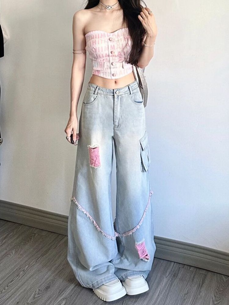 美式高街破洞工裝牛仔褲女夏季復古設計感高腰寬鬆顯瘦直筒闊腿褲