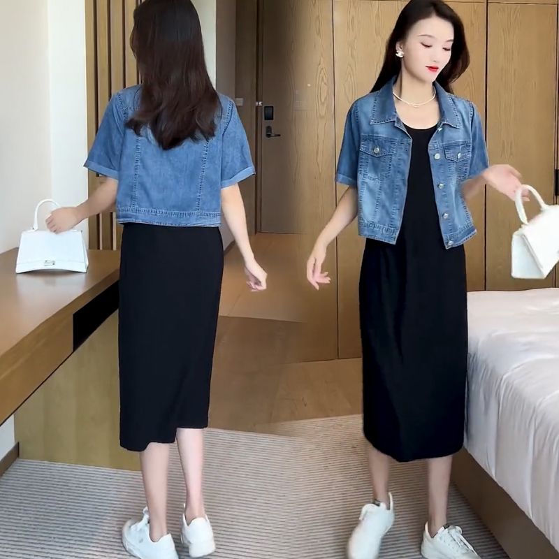 Lanhai Yinuo short-sleeved thin denim shirt suspender skirt suit women 2023 summer new casual slim two-piece suit