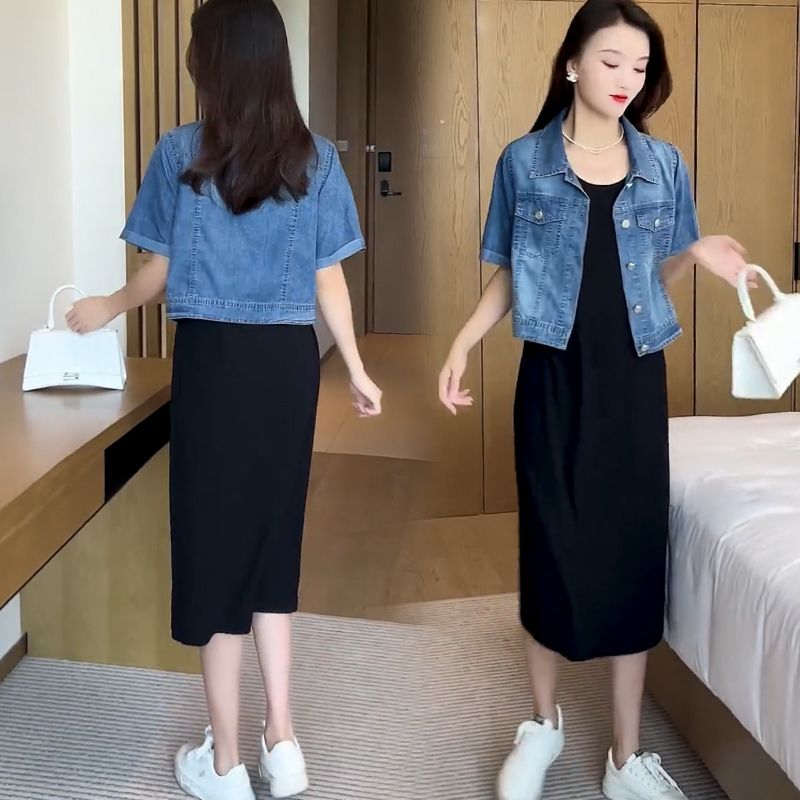 Lanhai Yinuo short-sleeved thin denim shirt suspender skirt suit women  summer new casual slim two-piece suit