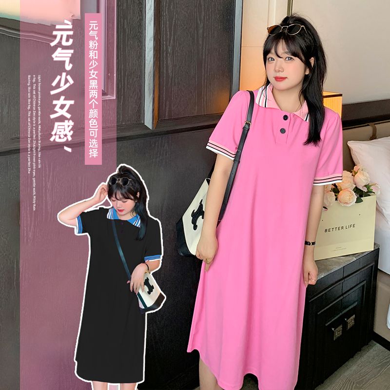 遮肚子大碼女裝撞色polo領連衣裙夏季新款寬鬆顯瘦休閒長裙子A178