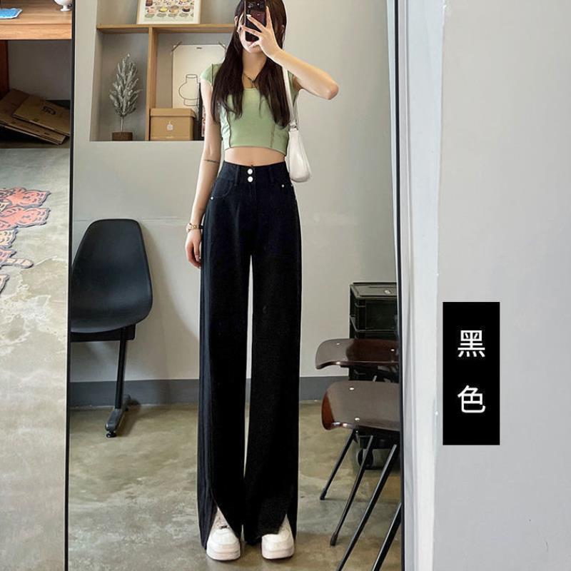 高腰開叉直筒牛仔褲女春季新款寬鬆顯瘦闊腿褲小個子垂感拖地褲子