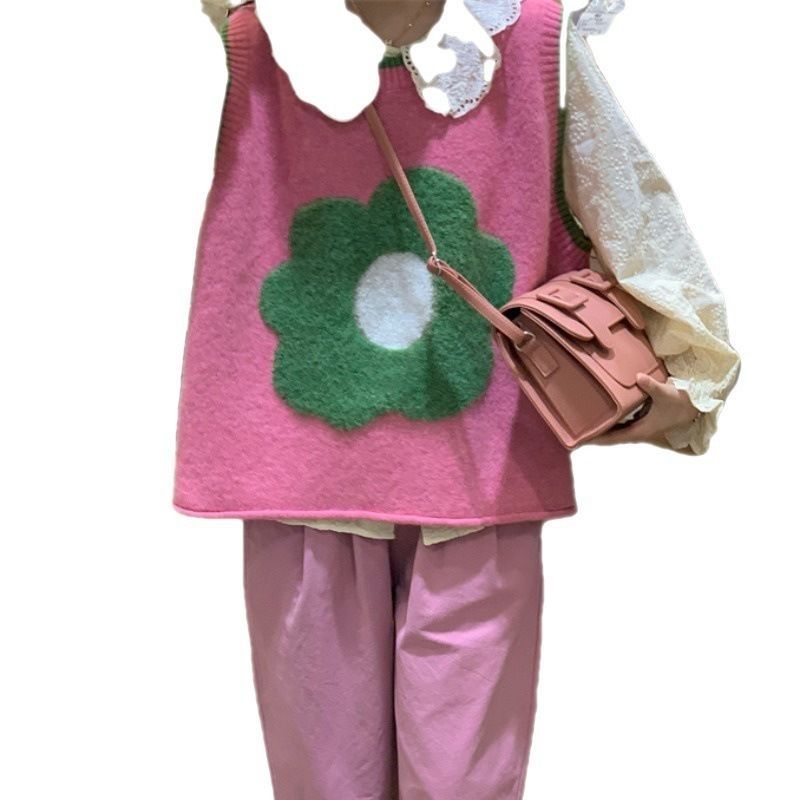 2023秋季新款韩版甜美减龄设计感花朵叠穿宽松毛衣马甲女上衣女装
