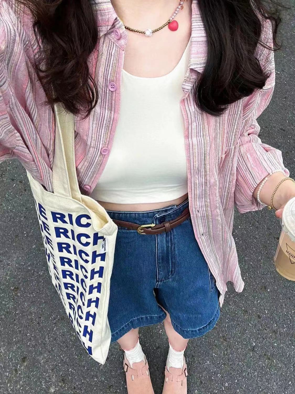 2023夏季薄款復古甜美粉色條紋襯衫女寬鬆休閒顯瘦襯衣防曬衫外穿
