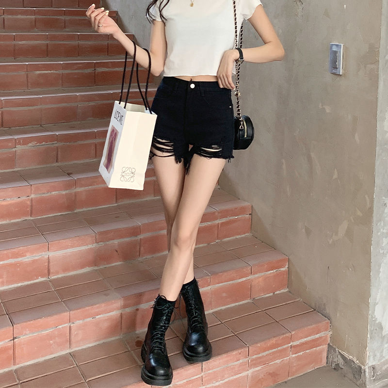 黑色牛仔短褲女2023新款夏季洋氣破洞寬鬆闊腿高腰a字熱褲子薄款
