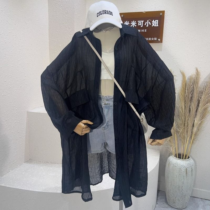特大碼200斤夏季薄款長袖襯衫女寬鬆BF慵懶風單排扣防曬開衫上衣