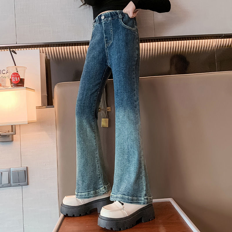 女童牛仔褲秋季2023新款兒童春秋款修身韓版喇叭褲女大童洋氣褲子