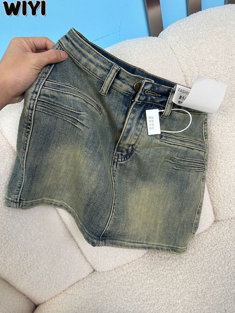 WIYI 復古做舊牛仔短裙褲女秋夏新款設計感高腰顯瘦a字包臀半身裙
