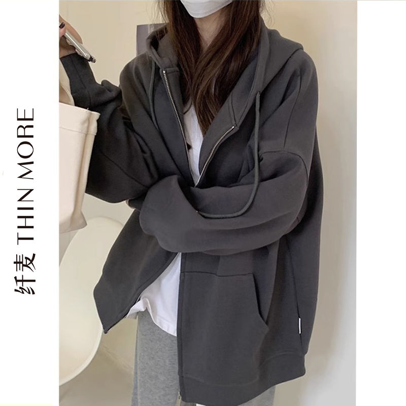 纖麥380克純棉衛衣女春秋oversize連帽薄款外套韓版寬鬆慵懶開衫
