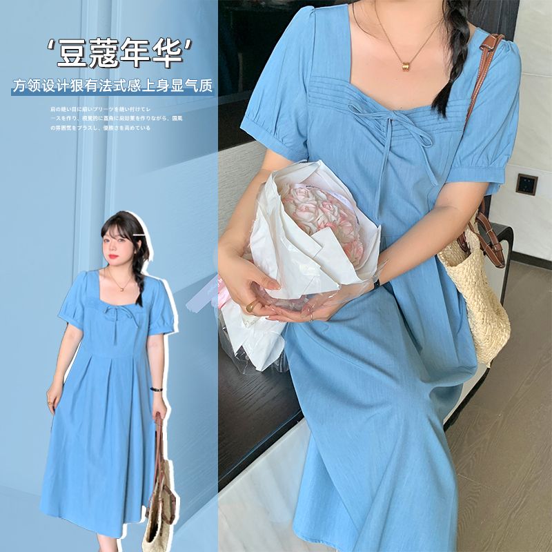 爆款大碼女裝法式方領連衣裙夏季新款胖妹妹遮肉收腰A字裙A180