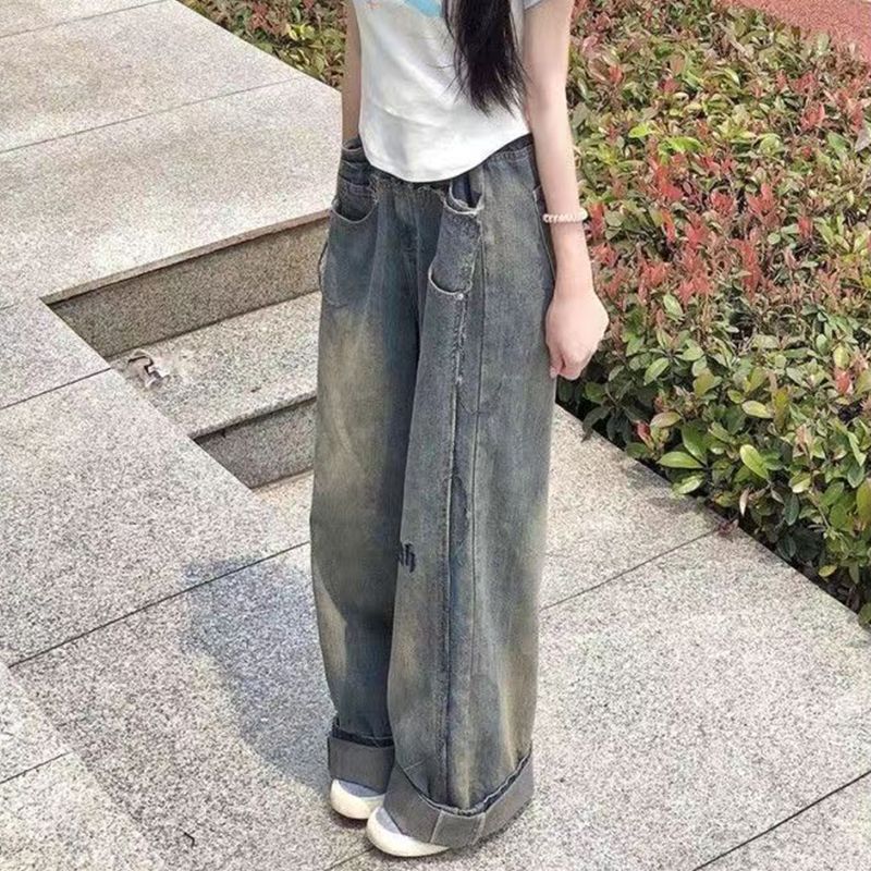 多巴胺甜辣穿搭復古設計感闊腿牛仔褲女純欲風小眾高街垂感直筒褲