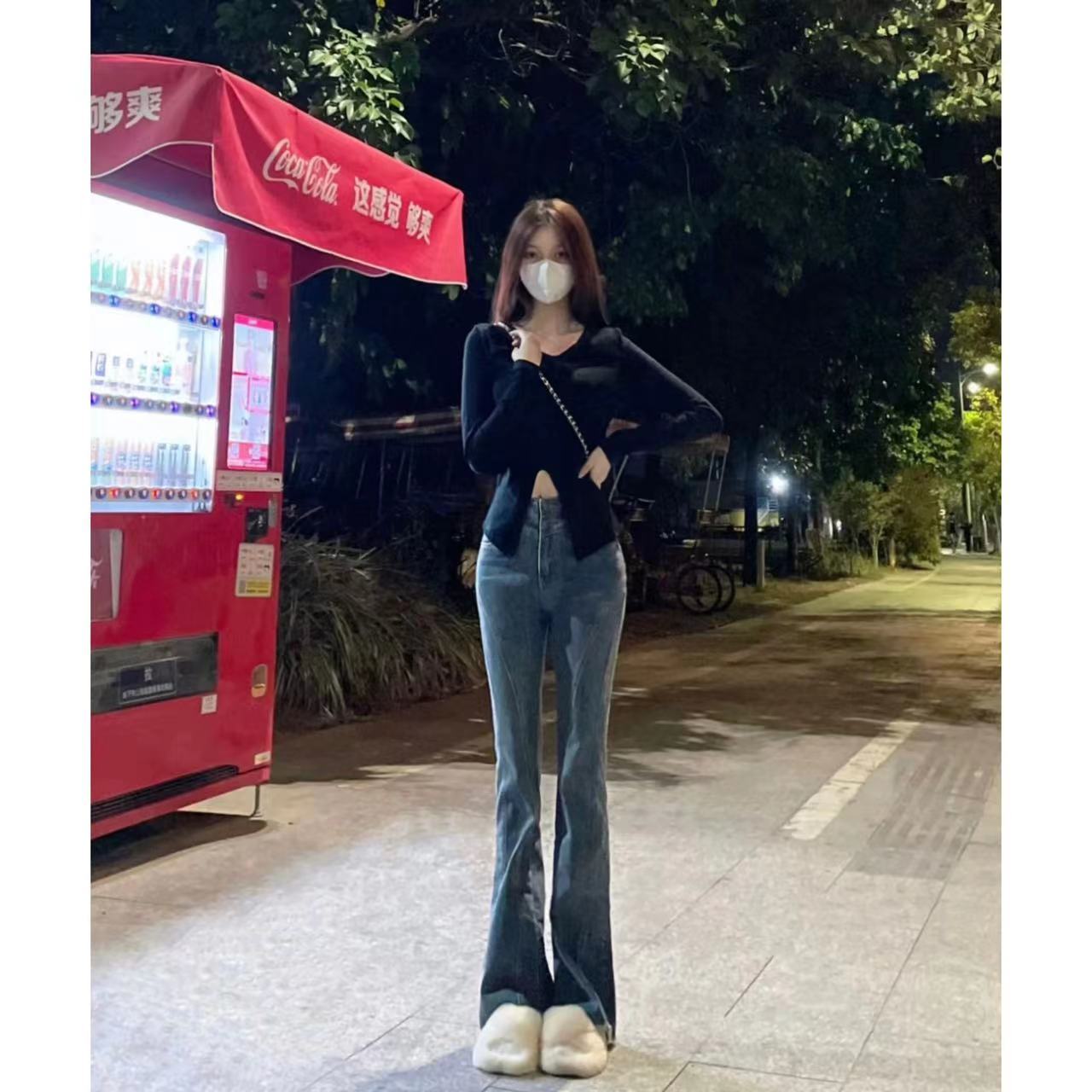 復古藍色毛邊微喇叭牛仔褲女修身顯瘦彈力秋冬季小眾不規則歐美風