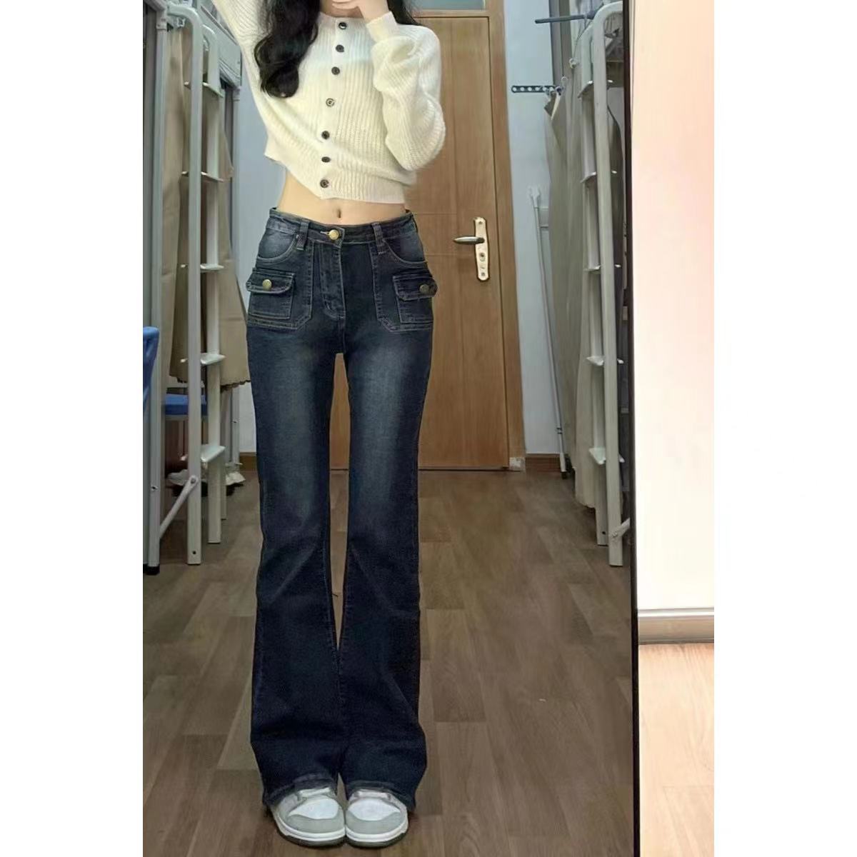 美式復古藍色微喇叭牛仔褲女彈力拖地長褲百搭馬蹄褲子顯瘦修身潮