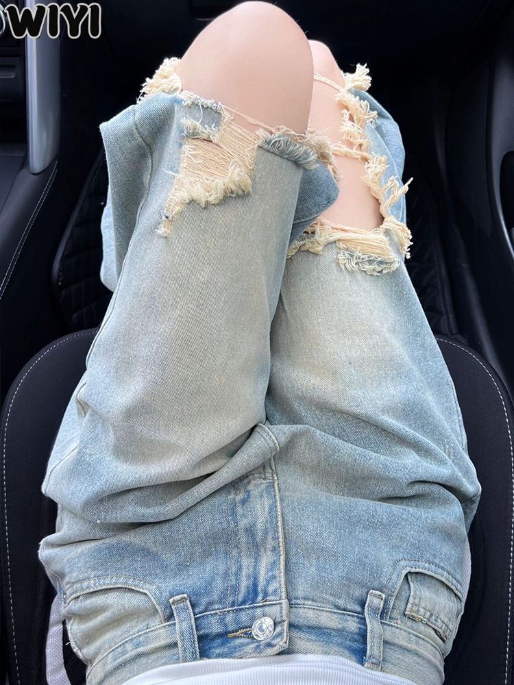 WIYI 復古做舊破洞直筒牛仔褲女秋夏新款高腰寬鬆顯瘦闊腿拖地褲