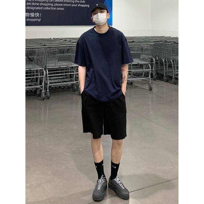 vibe風美式潮牌黑色抽繩短褲男ins夏季痞帥百搭寬鬆運動五分褲子