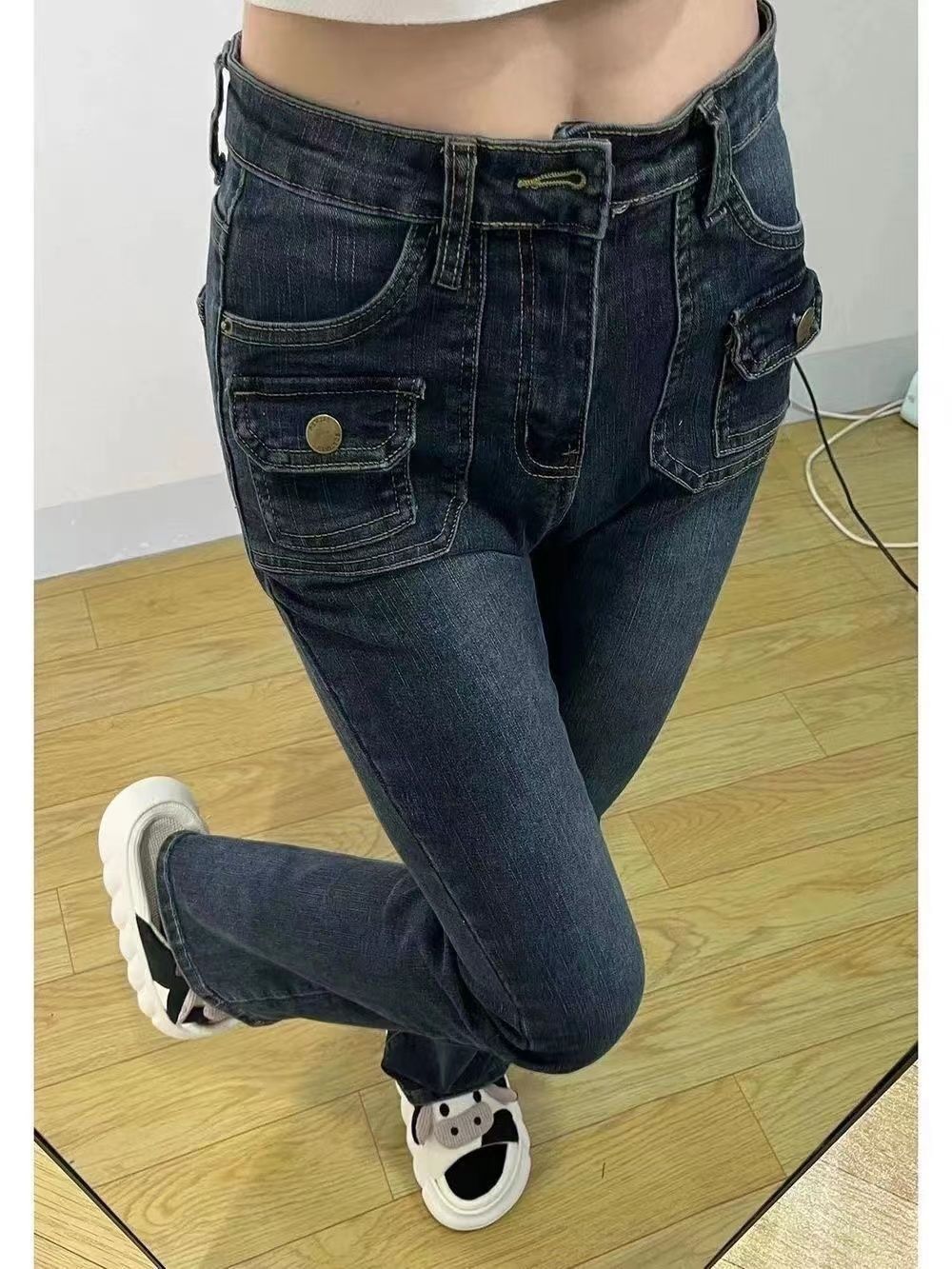復古藍色微喇叭牛仔褲女修身顯瘦彈力拖地長褲小眾水洗辣妹歐美風