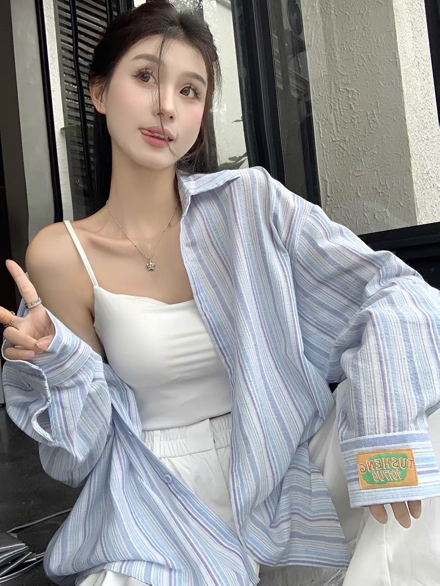 藍色條紋polo領長袖襯衫女裝夏季新款寬鬆薄款防曬襯衣中長款上衣