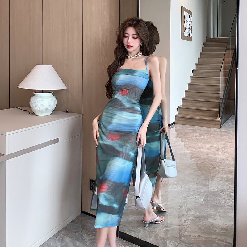 Xiaozi pure desire wind net gauze sunset tie-dye suspender dress female hot girl waist slit bag hip mid-length mother skirt
