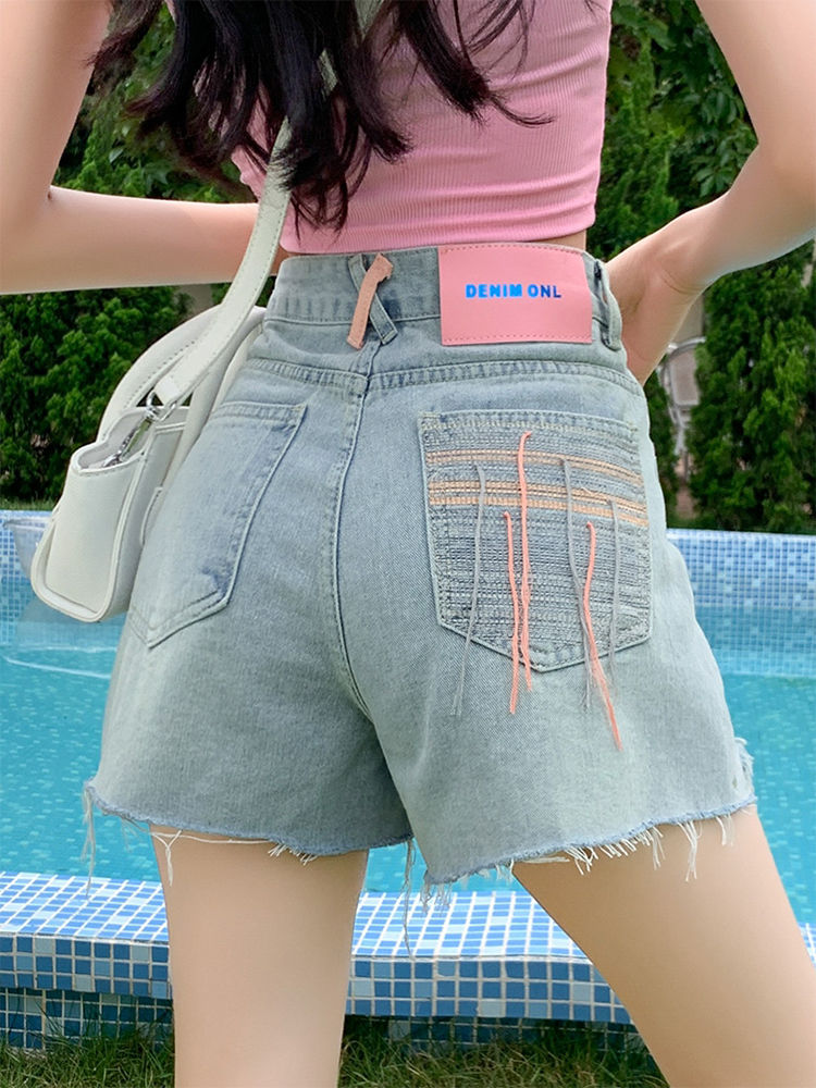 YSYOURS牛仔短褲女夏季設計感刺繡高腰顯瘦百搭大碼a字闊腿熱褲子