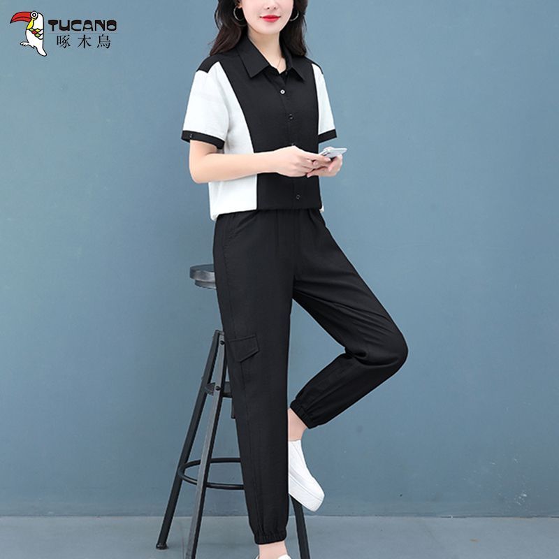 Woodpecker Fashion Suit Women's Summer New Large Size Women's Clothes Reduce Age and Look Slim Western Style Pants Casual Two-piece Set