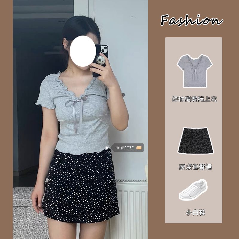 甜辣風修身波點半身裙套裝女夏短袖蝴蝶結上衣收腰純欲a字半身裙