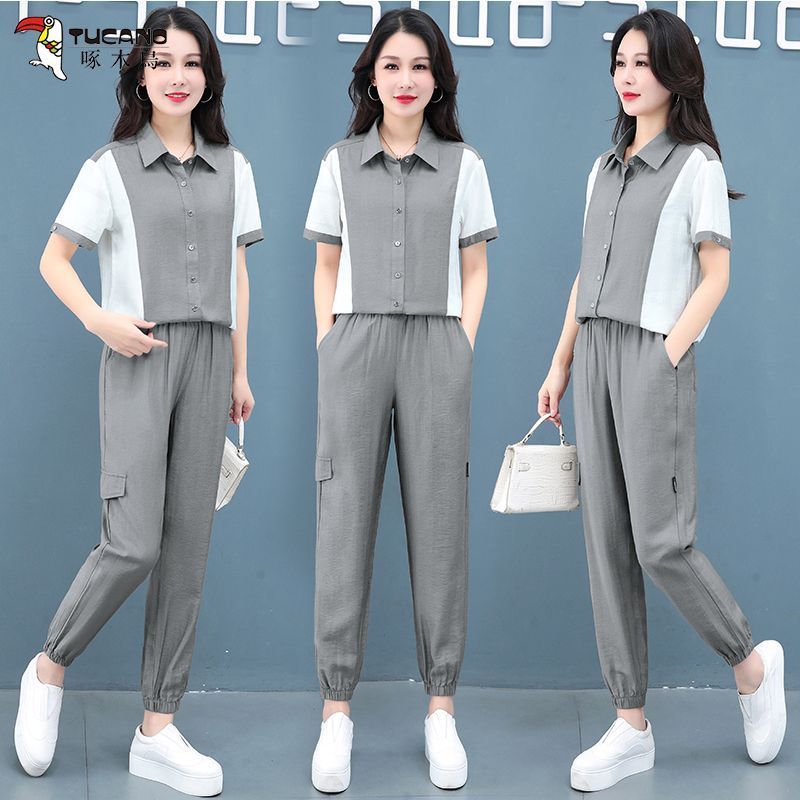 Woodpecker Fashion Suit Women's Summer New Large Size Women's Clothes Reduce Age and Look Slim Western Style Pants Casual Two-piece Set