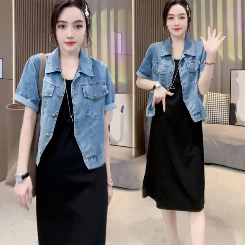 Blue Sea Yinuo Short-sleeved Thin Denim Shirt Jacket Vest Suspender Skirt Suit Female  Summer Slim Dress