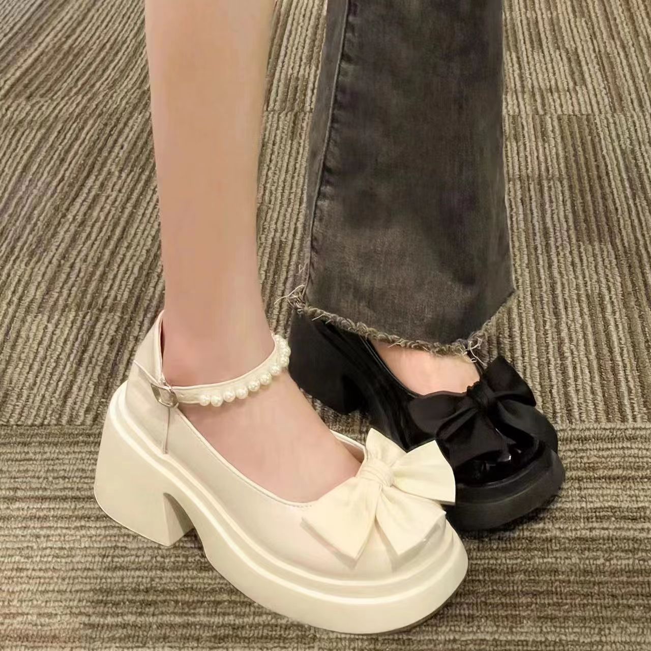 法式瑪麗珍小皮鞋女2023夏新款厚底增高蝴蝶結配裙子粗跟高跟單鞋