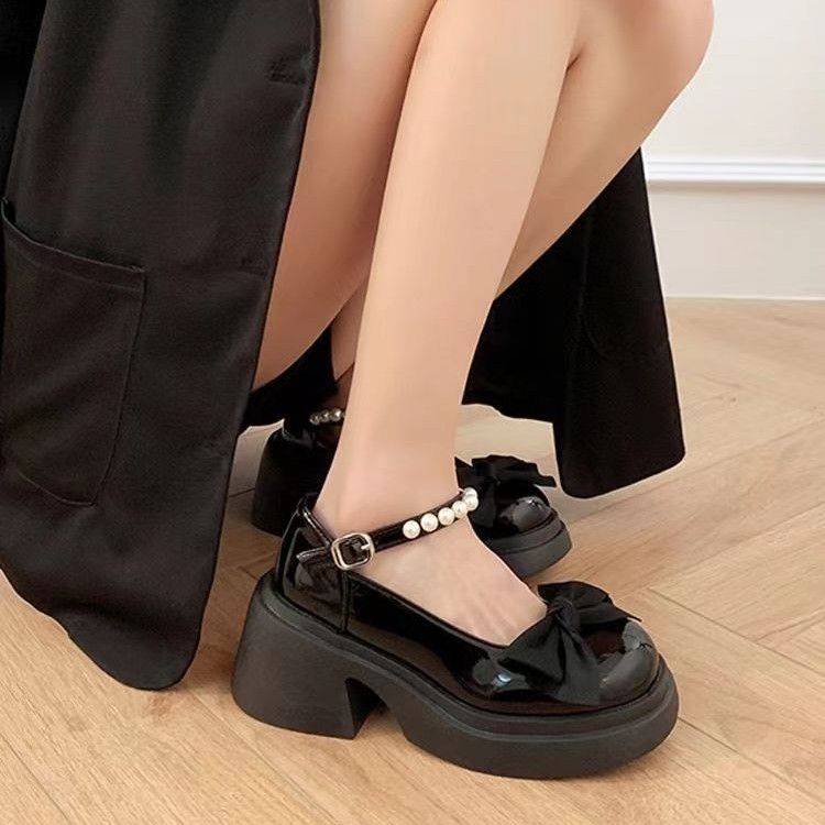 瑪麗珍小皮鞋2023夏季新款時尚甜美蝴蝶結厚底珍珠一字扣百搭單鞋