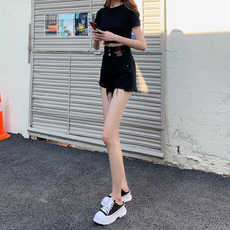 黑色闊腿薄款辣妹a字高腰牛仔短褲女2022年夏季新款寬鬆超短熱褲