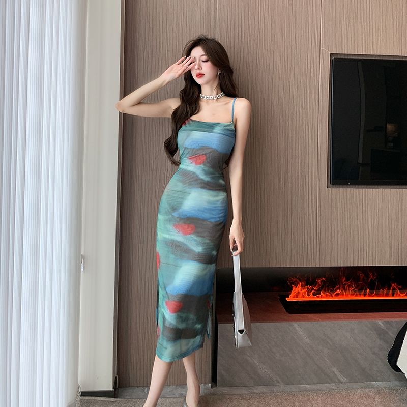 Xiaozi pure desire wind net gauze sunset tie-dye suspender dress female hot girl waist slit bag hip mid-length mother skirt