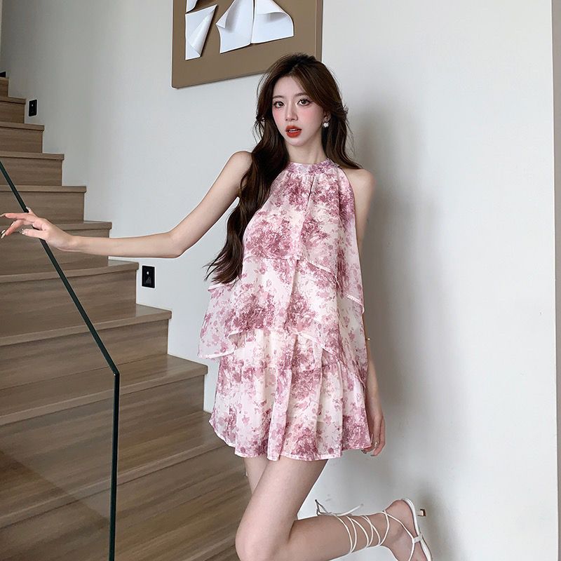 夏季成套搭配時尚減齡套裝女寬鬆水墨印花掛脖無袖上衣短裙兩件套