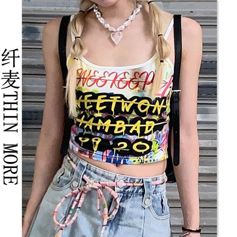 Fianmai THIN MORE hot girl graffiti print contrasting color slimming suspender fashion trend new vest top for women