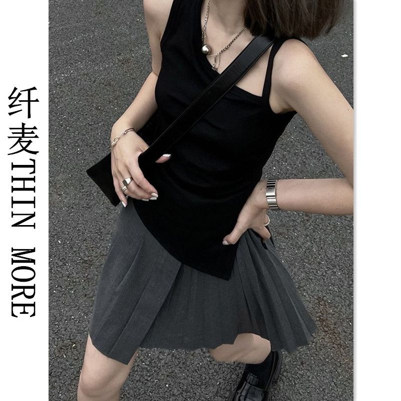 纖麥THIN MORE小眾黑色美式街頭吊帶背心女夏季修身顯瘦短款上衣