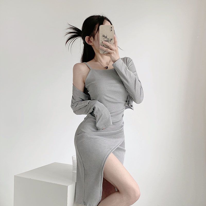 Pure Desire Hot Girl Two-piece Suit Dress Sexy  New Gray Suspender Slit Slim Dress Women Summer