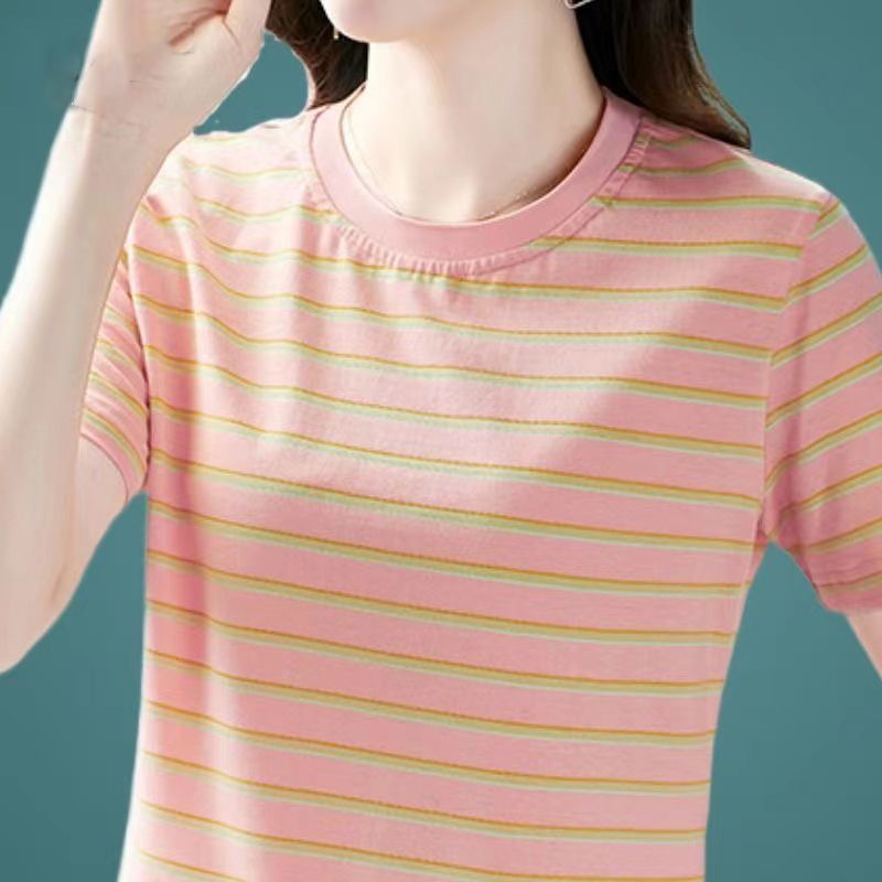 撿漏~專櫃撤回剪標媽媽條紋正肩圓領短袖t恤女夏顯瘦洋氣上衣