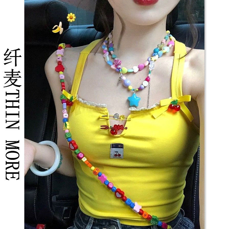 纖麥THIN MORE多巴胺穿搭吊帶背心夏季甜心辣妹別致交叉綁帶上衣