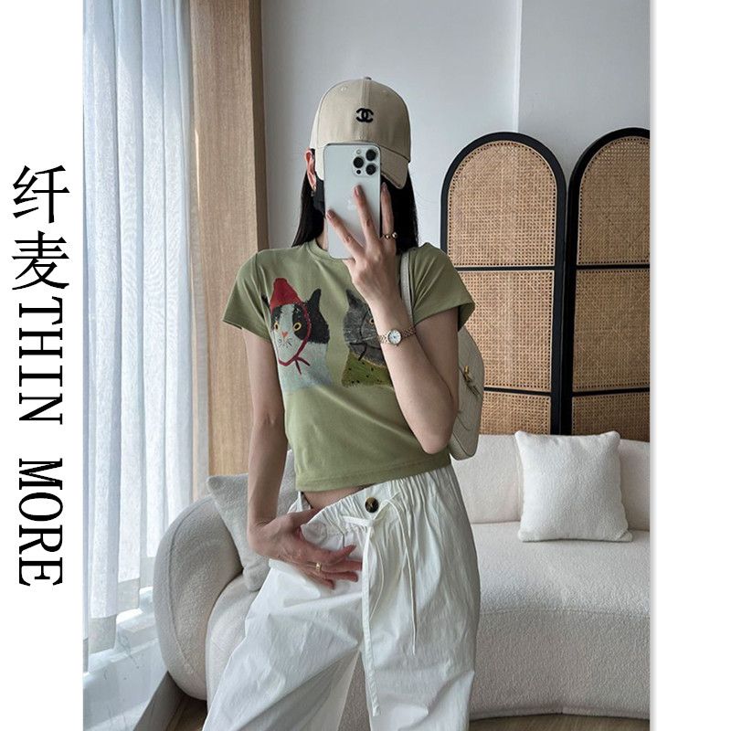 Fianmai THIN MORE American retro niche sweet and cool hot girl style shoulder top cat print short-sleeved T-shirt