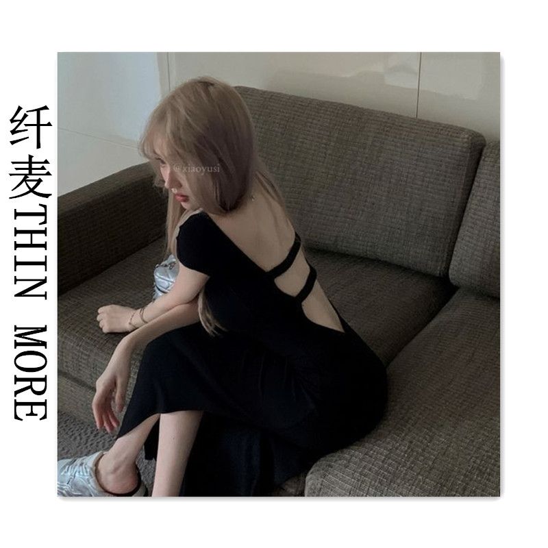 纖麥THIN MORE方領連衣裙女夏季下擺開叉收腰氣質包臀中長款裙子