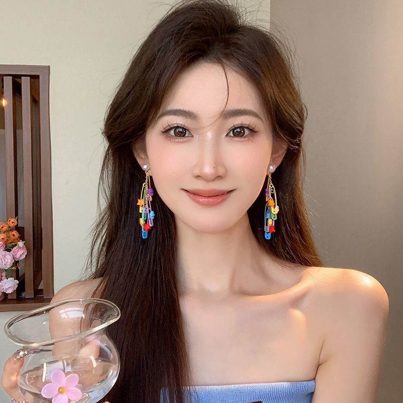 2023新款彩色別針星星珍珠耳環小眾設計夏多巴胺獨特耳釘女耳飾