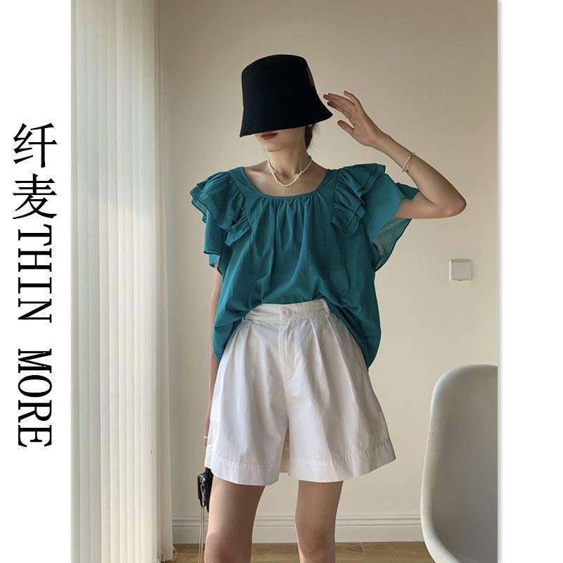 纖麥THIN MORE韓版夏季新款法式方領露背飛袖薄上衣遮肉娃娃衫ins